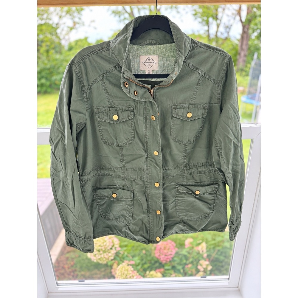 St Johns Bay Utility Jacket Womens PL Olive Green Cotton Military Field Coat